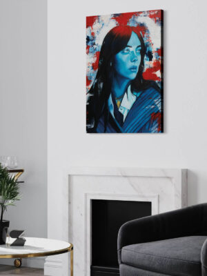 Angled image of Billie Eilish canvas print, taken from original artwork, on display over fireplace by Nat Morgan