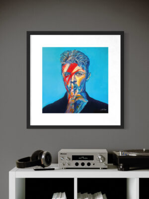 Mounted and framed David Bowie abstract background artwork in square size hanging on wall