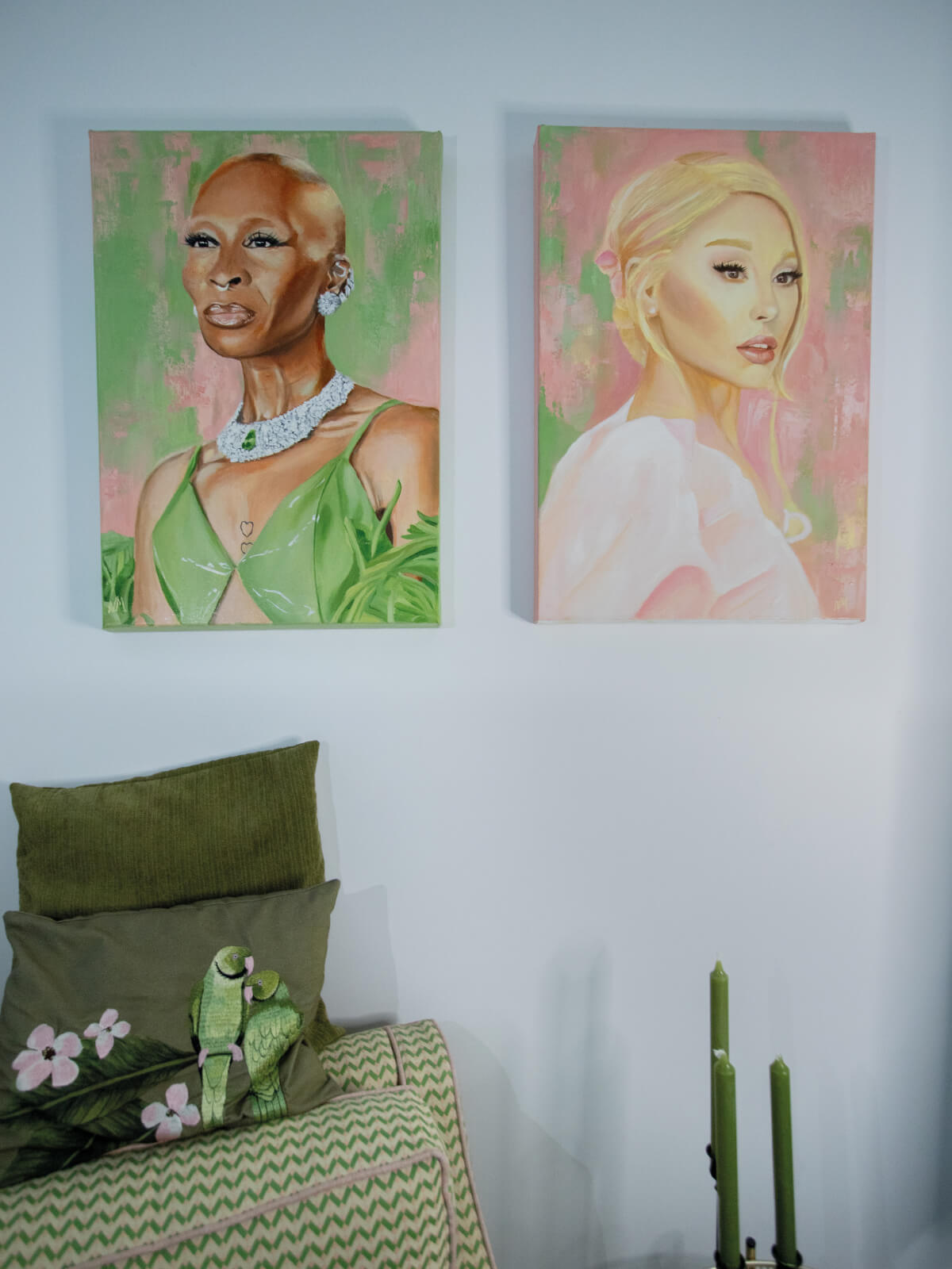 Original Ariana Grande and Cynthia, Sisters of Oz, paintings on canvas on wall by Nat Morgan