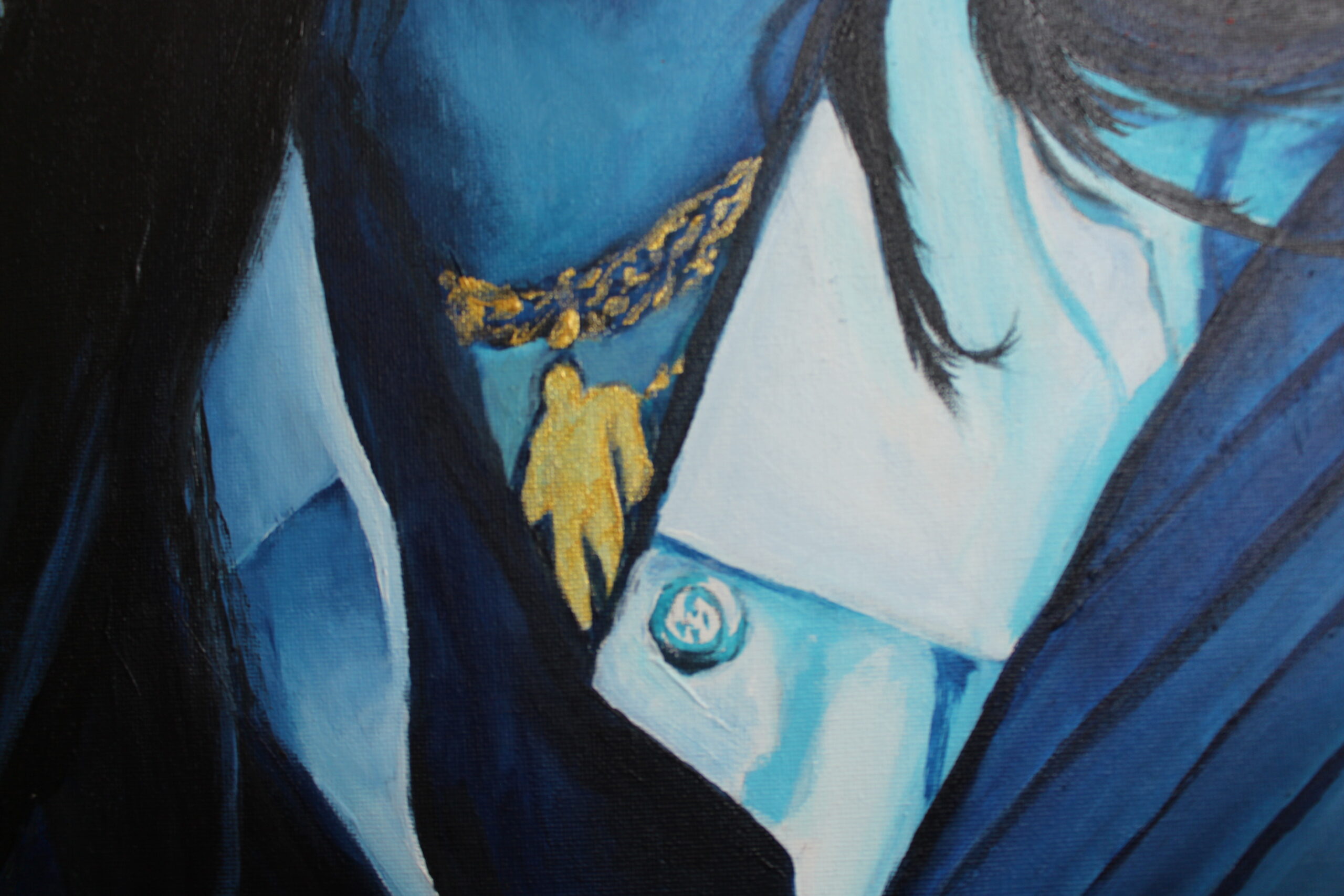 Close up gold detailing on. Billie Eilish original painting by Nat Morgan